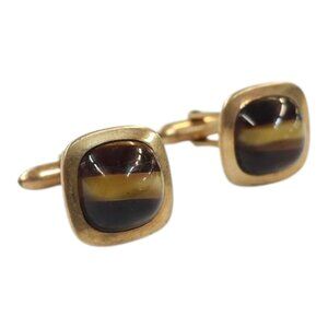 Correct Quality Tigers Eye Cufflinks Brown Yellow Vintage Gold Tone MCM Jewelry